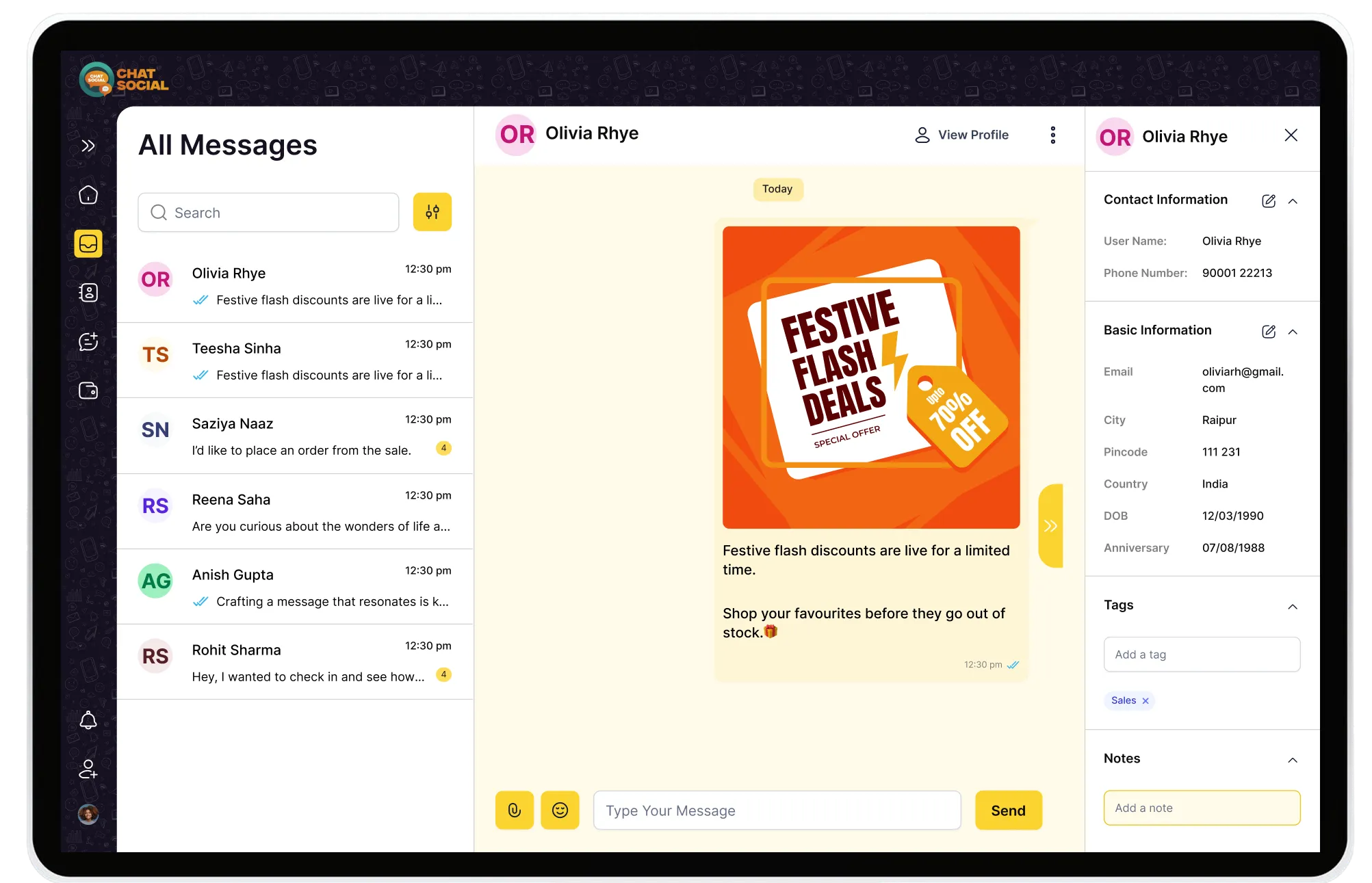 ChatSocial WhatsApp marketing dashboard showing campaign analytics, customer engagement metrics, and business growth statistics in a modern, user-friendly interface
